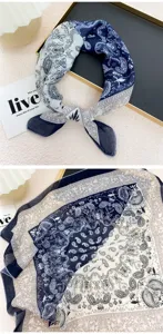 Blue paisley small square scarf cotton linen spring summer headband decorative neck scarf 58cm