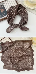 Brown cotton linen square scarf detailed view, featuring vintage paisley and floral print, versatile.