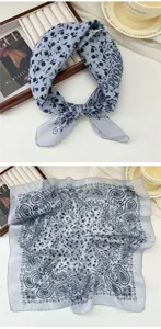 Cotton linen small square scarf for women, breathable paisley floral summer neck scarf.