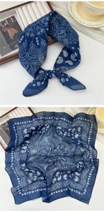 Blue cotton linen paisley bandana square scarf, vintage literary style, soft and breathable.