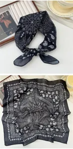 Black and white paisley cotton linen square scarf, versatile breathable summer neckerchief.