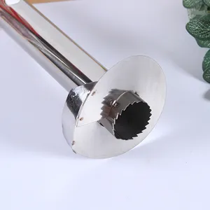 Stainless steel pineapple corer detail showing serrated blade and push rod mechanism.
