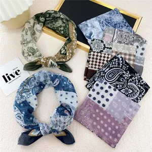 Women fashion paisley print square scarf multi-color bandana hair band neck wrap set