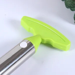 Stainless steel pineapple corer detail view, green handle with button, kitchen tool close up