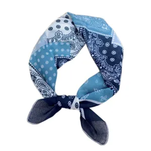 Blue paisley square bandana scarf, cotton linen fabric, stylish headwrap or neckerchief.