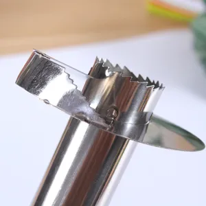 Stainless steel pineapple corer detail view showing the sharp serrated blade for fruit slicing.