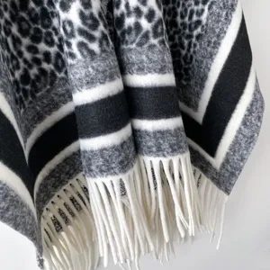 Luxury faux cashmere winter shawl black white leopard print cape with thick fringe detail