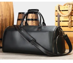 Men's genuine leather travel duffel bag with large capacity, shoe compartment and shoulder strap.
