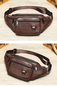Genuine leather men waist bag chest bag multi-functional casual crossbody bag detail view.