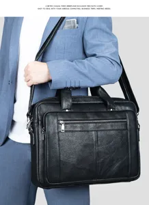 Vue détaillée du cartable pour hommes en cuir véritable avec fermeture éclair et sangle.
