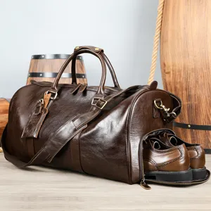 Vintage bruine reistas van echt leer met handig apart schoenenvak voor heren reizen