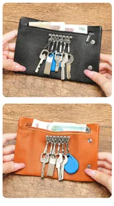 Genuine leather key wallet and coin purse two in one cowhide key case holder with multi hooks.