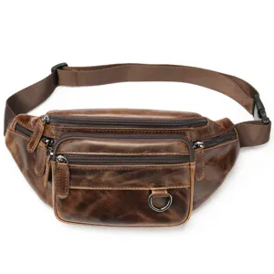 Mens genuine leather waist bag fanny pack multi-pocket chest shoulder bag for outdoor travel.