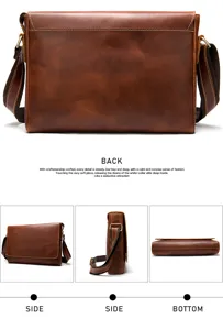 Borsa a tracolla da uomo vintage in vera pelle, dettaglio di schiena, lato e fondo del design.