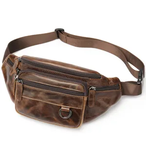 Vintage genuine leather waist bag for men multi-pocket chest pack casual shoulder bag