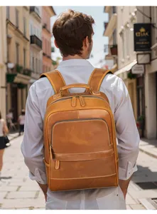 Men genuine leather backpack large capacity vintage brown cowhide travel book bag detail.
