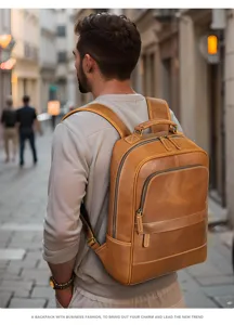 Detailed view of the premium leather backpack in a lifestyle street scene, durable and stylish.