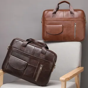 Men Genuine Leather Business Briefcase Vintage Top Layer Cowhide Laptop Bag Waterproof Commuting Shoulder Bag
