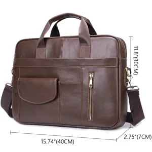 Men's genuine leather briefcase business laptop bag with top handle and shoulder strap.