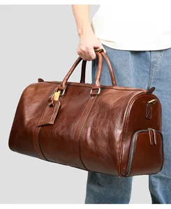Sac de voyage en cuir veritable avec compartiment chaussures grande capacite vintage bagage