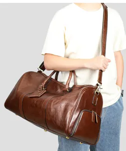 Sac de voyage en cuir veritable avec compartiment chaussures, grand bagage retro.