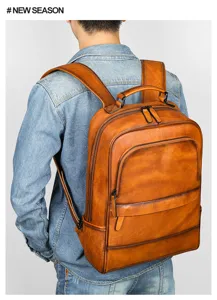 Genuine leather vintage men backpack large capacity casual business school travel bag