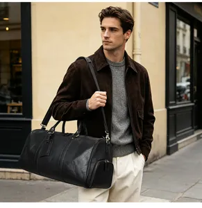 Sac de voyage en cuir véritable pour homme, grand sac week-end avec compartiment chaussures.