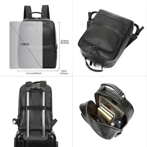 Men Genuine Leather Business Casual Backpack Large Capacity 15 Inch Laptop Bag Retro Travel Bookbag