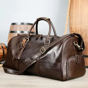 Vintage bruine echte lederen reistas weekender reistassen voor heren met schouderriem