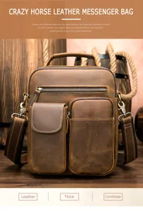 Bolso bandolera vintage de cuero para hombre con múltiples bolsillos y gran capacidad.