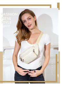 Simple casual white leather waist bag with multi-zipper design for outdoor sports daily use.
