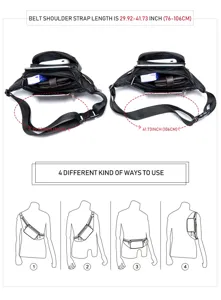 Men's black leather waist bag detail showing adjustable strap length and multi-functional wearing ways.