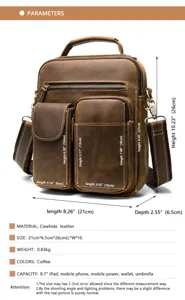 Bolso bandolera de cuero genuino vintage para hombre, vista detallada con medidas y capacidad.