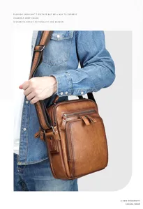 Men retro leather shoulder bag casual crossbody bag large capacity daily wear detail