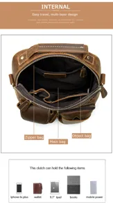 Bolso bandolera de cuero para hombre detalle muestra interior multicapa y gran capacidad.