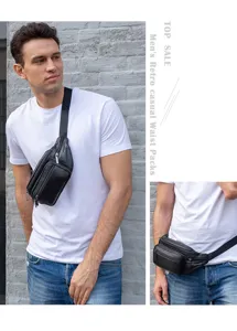 Men's retro leather waist bag outdoor casual solid color crossbody chest bag for men