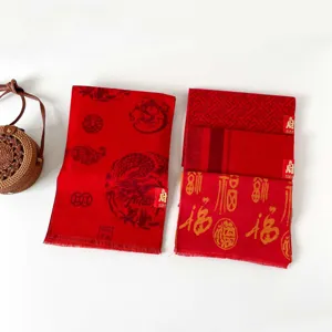 Detailed shot of traditional Chinese red scarf with dragon and blessing patterns for new year.