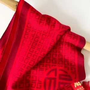 Red New Year Scarf Winter Warm Rayon Tassel Shawl Traditional Auspicious Pattern Festival Party Gift Unisex Scarves