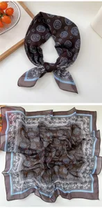 Detailed view of women brown paisley square scarf, elegant retro neckerchief for daily wear.