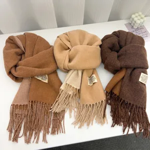 Womens Winter Warm Cashmere Feel Scarf Double Sided Solid Color Tassels Soft Long Shawl Fashion Casual Neck Scarf