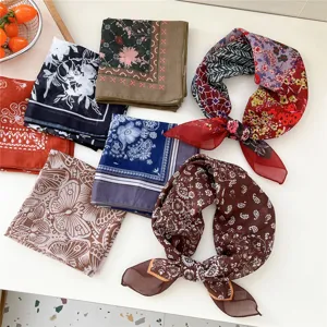 Stylish women's printed square scarves set, elegant floral and paisley neckerchief accessories.