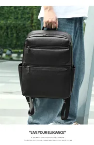 Vue détaillée du sac à dos en cuir d'affaires montrant une texture élégante et des poches.