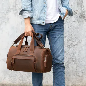 Hombres Vintage Cuero Auténtico Bolsa de Viaje Gran Capacidad Business Duffel Bolsa Bolso Impermeable Hombro Equipaje Bolsa