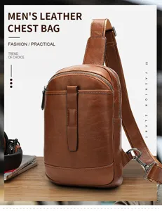 Men's leather chest bag retro single shoulder bag brown cowhide casual crossbody bag