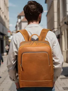 Men's genuine leather vintage backpack, large capacity cowhide business travel laptop bag.