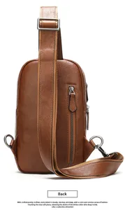 Genuine leather chest bag back detail showing vertical zipper pocket and adjustable strap hardware.