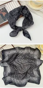 Black paisley print cotton linen square scarf elegant neckerchief accessory for women