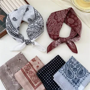 Cotton linen small square scarf bandana vintage paisley floral breathable neckerchief summer women