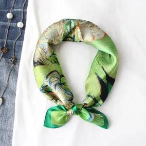 Artistic green oil painting print small silk scarf neckerchief elegant accessory detail view