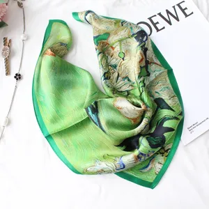 Detail view of green artistic oil painting print silk scarf, elegant neckerchief for women.